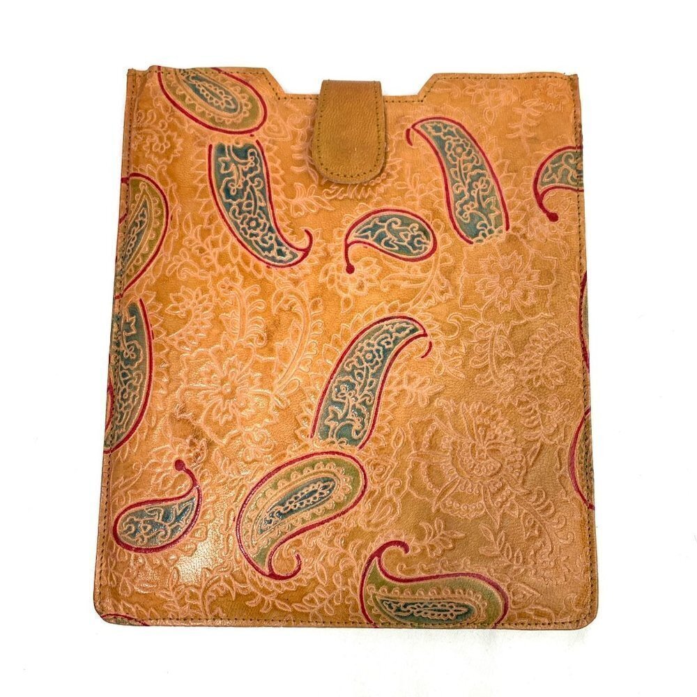 Tooled Faux Leather Paisley Tablet Case - Tan/Green/Red, 10.5"x9"